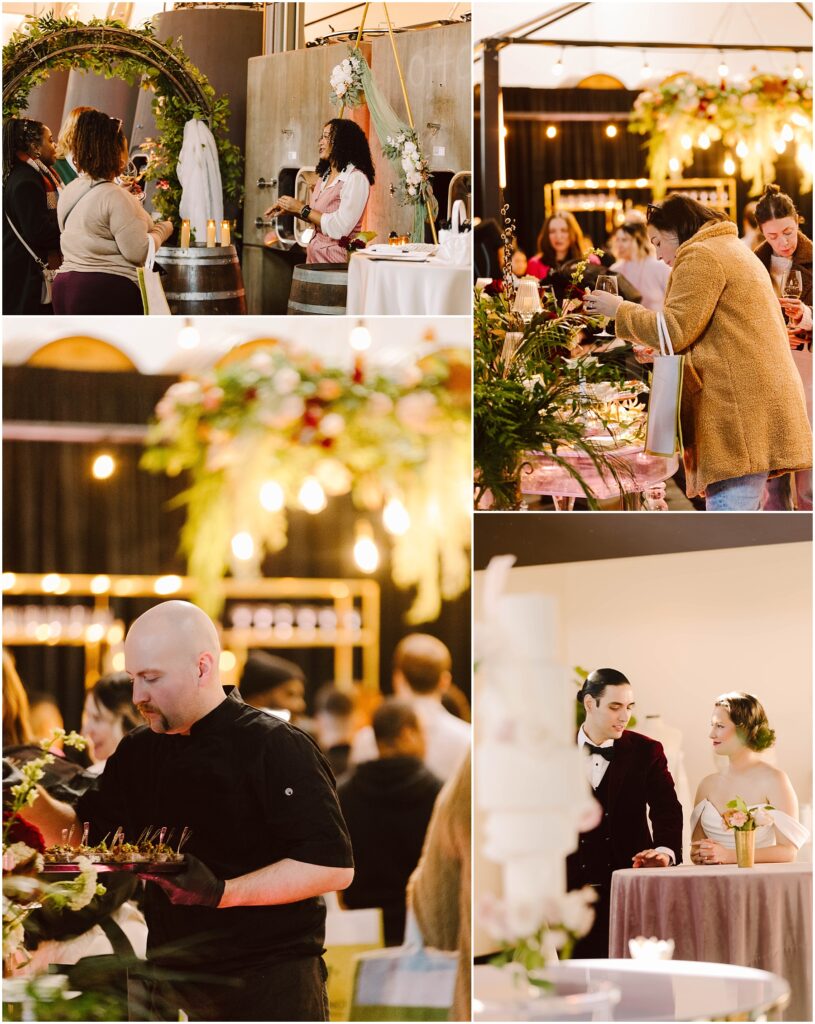 Snohomish Wedding Photographer GSquared Weddings A collage of four wedding fair images: a woman presenting a wedding arch, people tasting food and wine, a chef preparing dishes, and a couple in wedding attire looking at a cake. The setting is decorated with flowers and warm lighting. Serving Seattle, Snohomish and Washington State