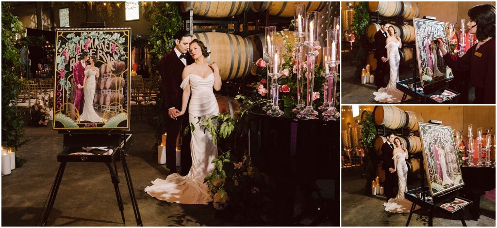 Snohomish Wedding Photographer GSquared Weddings A couple in elegant attire stands near a painting on an easel and a grand piano adorned with candles and flowers in a dimly lit space with large wooden barrels. The scene evokes a romantic and artistic atmosphere. Serving Seattle, Snohomish and Washington State