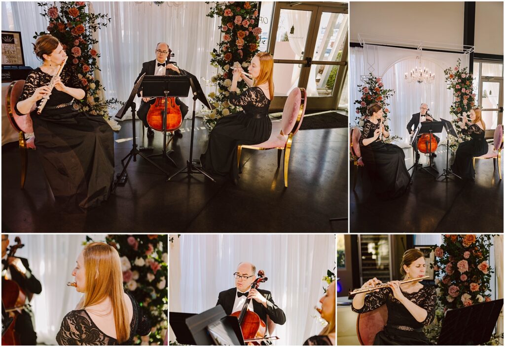 Snohomish Wedding Photographer GSquared Weddings Musicians perform in elegant attire at an indoor event. A flutist, oboist, and cellist play before a backdrop of floral arrangements and soft lighting, seated on velvet chairs, creating a classy and intimate atmosphere. Serving Seattle, Snohomish and Washington State