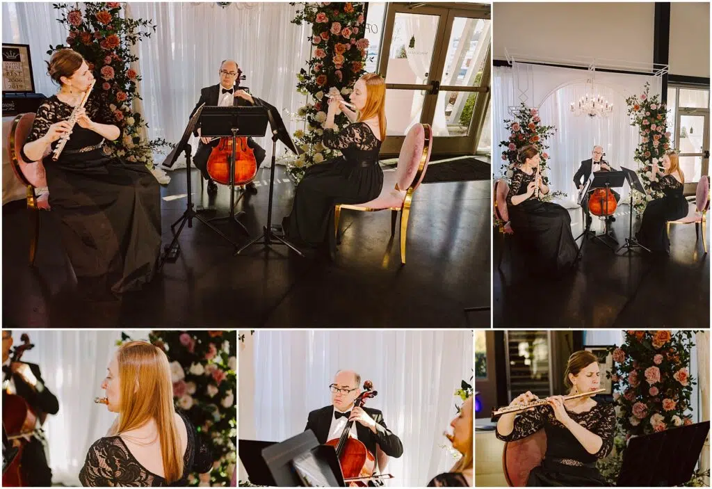 Snohomish Wedding Photographer GSquared Weddings Musicians perform in elegant attire at an indoor event A flutist oboist and cellist play before a backdrop of floral arrangements and soft lighting seated on velvet chairs creating a classy and intimate atmosphere Serving Seattle Snohomish and Washington State Snohomish Wedding Photographer GSquared Weddings Musicians perform in elegant attire at an indoor event. A flutist, oboist, and cellist play before a backdrop of floral arrangements and soft lighting, seated on velvet chairs, creating a classy and intimate atmosphere. Serving Seattle, Snohomish and Washington State