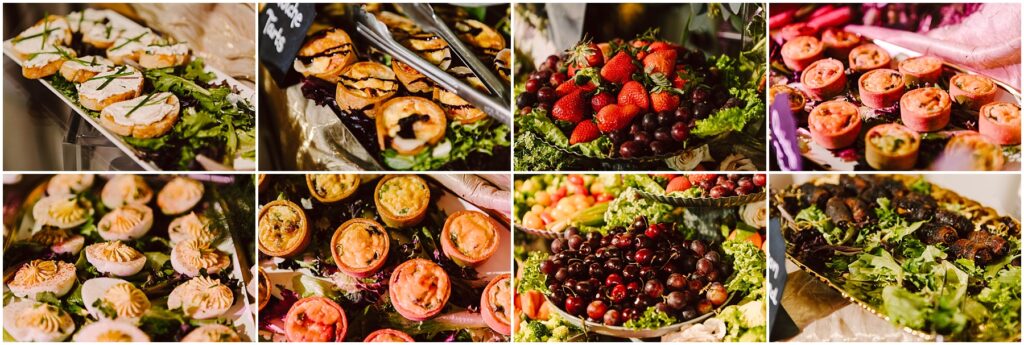 Snohomish Wedding Photographer GSquared Weddings A collage of eight images showing a variety of food platters. The dishes include assorted sandwiches, fruit like strawberries and grapes, mini quiches, and appetizers garnished with fresh greens. The setting appears to be a buffet. Serving Seattle, Snohomish and Washington State