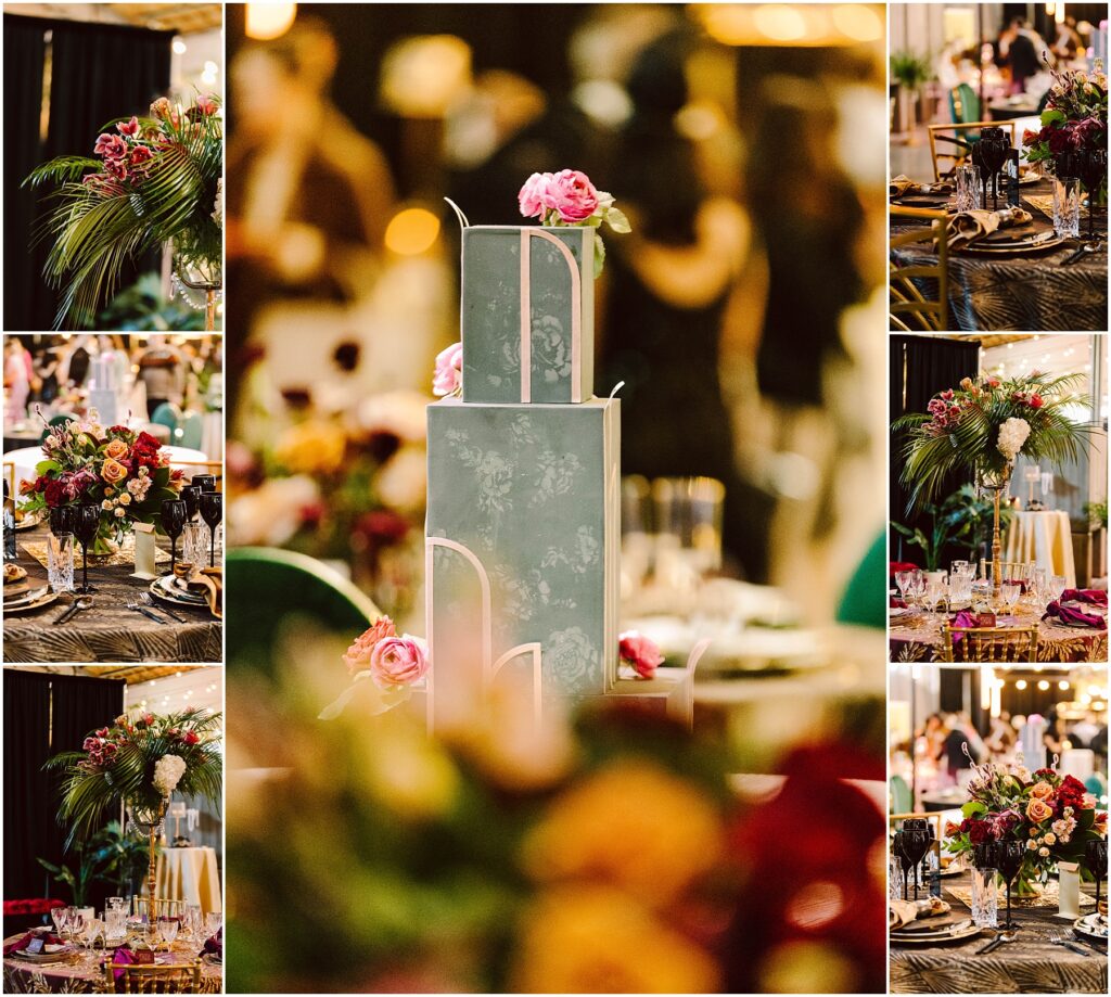 Snohomish Wedding Photographer GSquared Weddings Collage of an elegant wedding table setup with floral arrangements and a tiered cake. The scene includes rich floral bouquets, candles, glassware, and a teal cake adorned with pink flowers, set in a warmly lit, sophisticated environment. Serving Seattle, Snohomish and Washington State