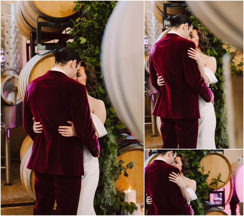 Snohomish Wedding Photographer GSquared Weddings A couple shares an intimate moment in front of wine barrels The man wears a burgundy suit while the woman is in a white dress They embrace closely surrounded by greenery and soft lighting Serving Seattle Snohomish and Washington State Snohomish Wedding Photographer GSquared Weddings A couple shares an intimate moment in front of wine barrels. The man wears a burgundy suit, while the woman is in a white dress. They embrace closely, surrounded by greenery and soft lighting. Serving Seattle, Snohomish and Washington State