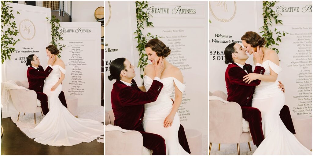 Snohomish Wedding Photographer GSquared Weddings A bride in a white gown and a groom in a burgundy suit embrace in front of a decorative backdrop with greenery. They share affectionate moments, with the groom seated and the bride standing or sitting on his lap in various poses. Serving Seattle, Snohomish and Washington State