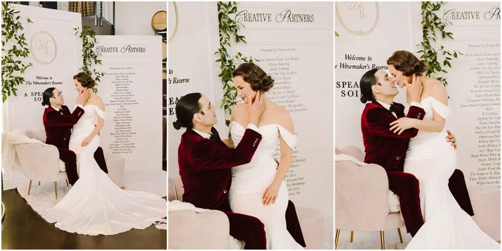 Snohomish Wedding Photographer GSquared Weddings A bride in a white gown and a groom in a burgundy suit embrace in front of a decorative backdrop with greenery They share affectionate moments with the groom seated and the bride standing or sitting on his lap in various poses Serving Seattle Snohomish and Washington State Snohomish Wedding Photographer GSquared Weddings A bride in a white gown and a groom in a burgundy suit embrace in front of a decorative backdrop with greenery. They share affectionate moments, with the groom seated and the bride standing or sitting on his lap in various poses. Serving Seattle, Snohomish and Washington State