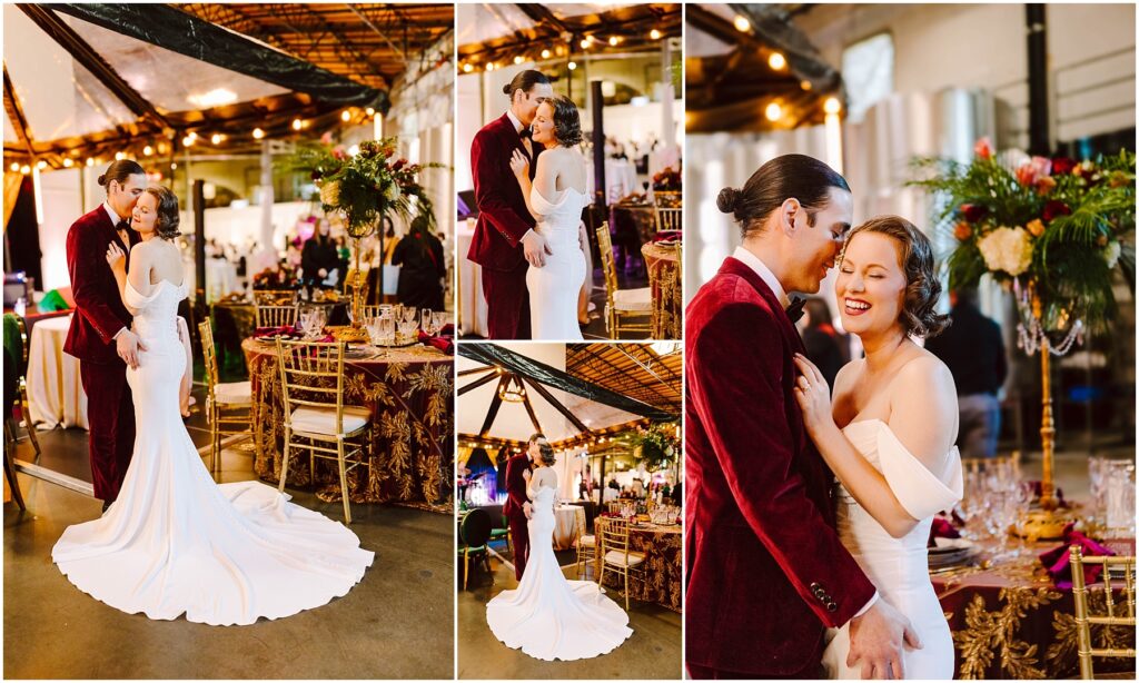 Snohomish Wedding Photographer GSquared Weddings A bride in a white gown and a groom in a red velvet suit share intimate moments at a festive indoor wedding reception. The setting is decorated with flowers and warm lighting, and they are surrounded by elegantly set tables. Serving Seattle, Snohomish and Washington State