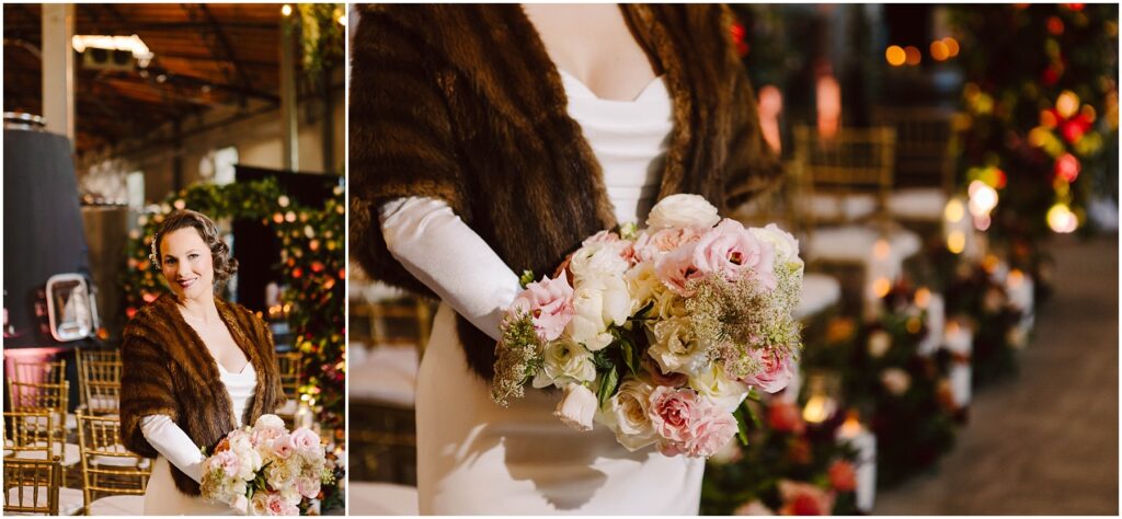 Snohomish Wedding Photographer GSquared Weddings A bride in a white dress and brown shawl holds a bouquet of pink and white flowers. She stands in an elegantly decorated venue with golden chairs and floral arrangements. Serving Seattle, Snohomish and Washington State