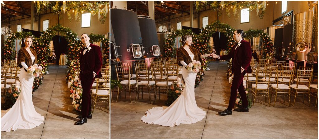 Snohomish Wedding Photographer GSquared Weddings A couple in formal attire stands in an elegant venue decorated with flowers and golden chairs. The bride wears a white gown and fur shrug, holding a bouquet. The groom in a burgundy suit offers his hand to her. Soft lighting enhances the ambiance. Serving Seattle, Snohomish and Washington State