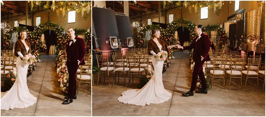 Snohomish Wedding Photographer GSquared Weddings A couple in formal attire stands in an elegant venue decorated with flowers and golden chairs The bride wears a white gown and fur shrug holding a bouquet The groom in a burgundy suit offers his hand to her Soft lighting enhances the ambiance Serving Seattle Snohomish and Washington State Snohomish Wedding Photographer GSquared Weddings A couple in formal attire stands in an elegant venue decorated with flowers and golden chairs. The bride wears a white gown and fur shrug, holding a bouquet. The groom in a burgundy suit offers his hand to her. Soft lighting enhances the ambiance. Serving Seattle, Snohomish and Washington State