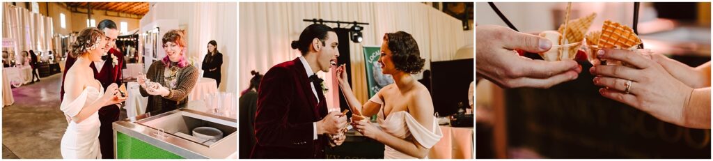 Snohomish Wedding Photographer GSquared Weddings A couple in formal attire enjoy an ice cream stand at a reception. The woman, in an off-shoulder dress, laughs while the man, in a burgundy suit, holds two cones. Close-up of their hands shows one cone with a waffle piece. Serving Seattle, Snohomish and Washington State