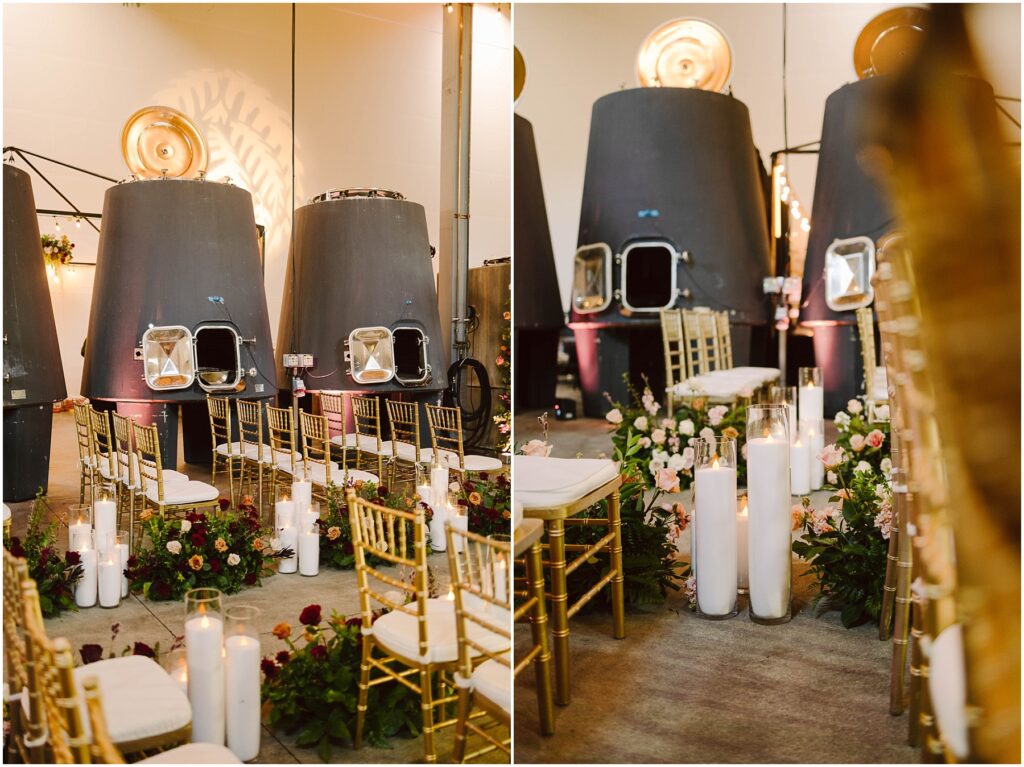 Snohomish Wedding Photographer GSquared Weddings A wedding ceremony setup inside a unique venue with vintage rocket capsules. The aisle is lined with gold chairs, lush flowers, and tall white candles. The setting blends industrial elements with romantic floral decor. Serving Seattle, Snohomish and Washington State