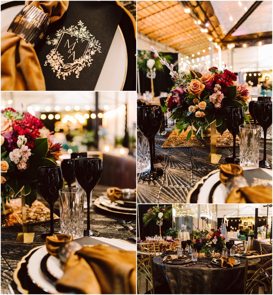 Snohomish Wedding Photographer GSquared Weddings Elegant table setting for a wedding, featuring a black and gold menu, ornate glassware, and lavish floral arrangements with red, pink, and peach flowers. Warm lighting creates a cozy ambiance in a banquet hall. Serving Seattle, Snohomish and Washington State