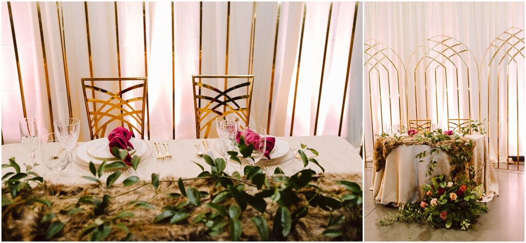 Snohomish Wedding Photographer GSquared Weddings Elegant wedding table setting with gold chairs and a white tablecloth adorned with greenery. Pink roses on each plate. In the background, gold geometric arches and draped curtains add a decorative touch. Serving Seattle, Snohomish and Washington State