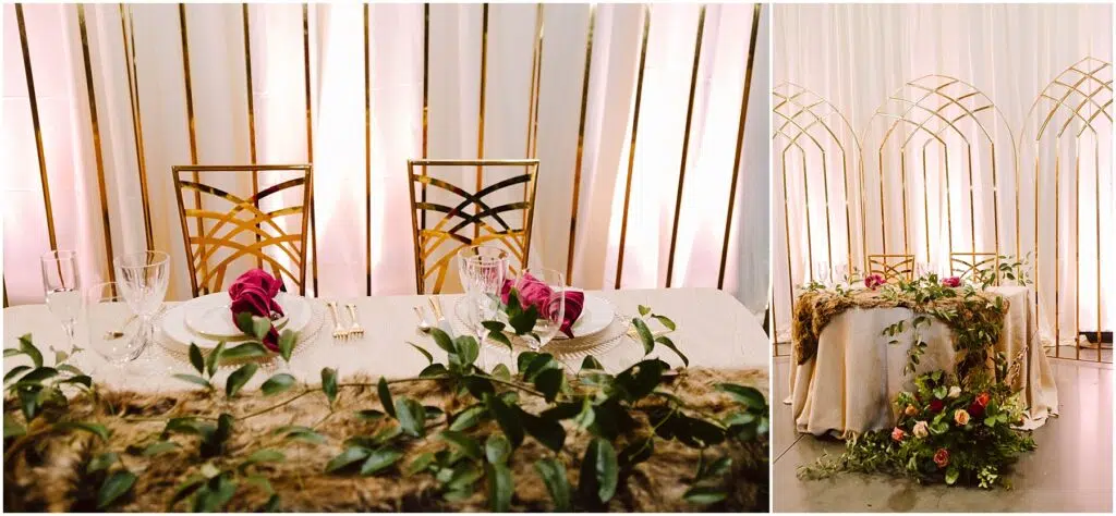 Snohomish Wedding Photographer GSquared Weddings Elegant wedding table setting with gold chairs and a white tablecloth adorned with greenery Pink roses on each plate In the background gold geometric arches and draped curtains add a decorative touch Serving Seattle Snohomish and Washington State Snohomish Wedding Photographer GSquared Weddings Elegant wedding table setting with gold chairs and a white tablecloth adorned with greenery. Pink roses on each plate. In the background, gold geometric arches and draped curtains add a decorative touch. Serving Seattle, Snohomish and Washington State