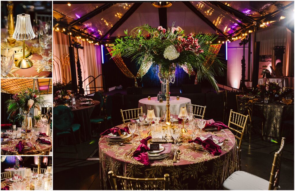 Snohomish Wedding Photographer GSquared Weddings Elegant event setup with a round table featuring floral centerpieces, gold chairs, and purple napkins. Soft lighting and draped curtains create a luxurious ambiance. Side images show more decor details and table settings. Serving Seattle, Snohomish and Washington State