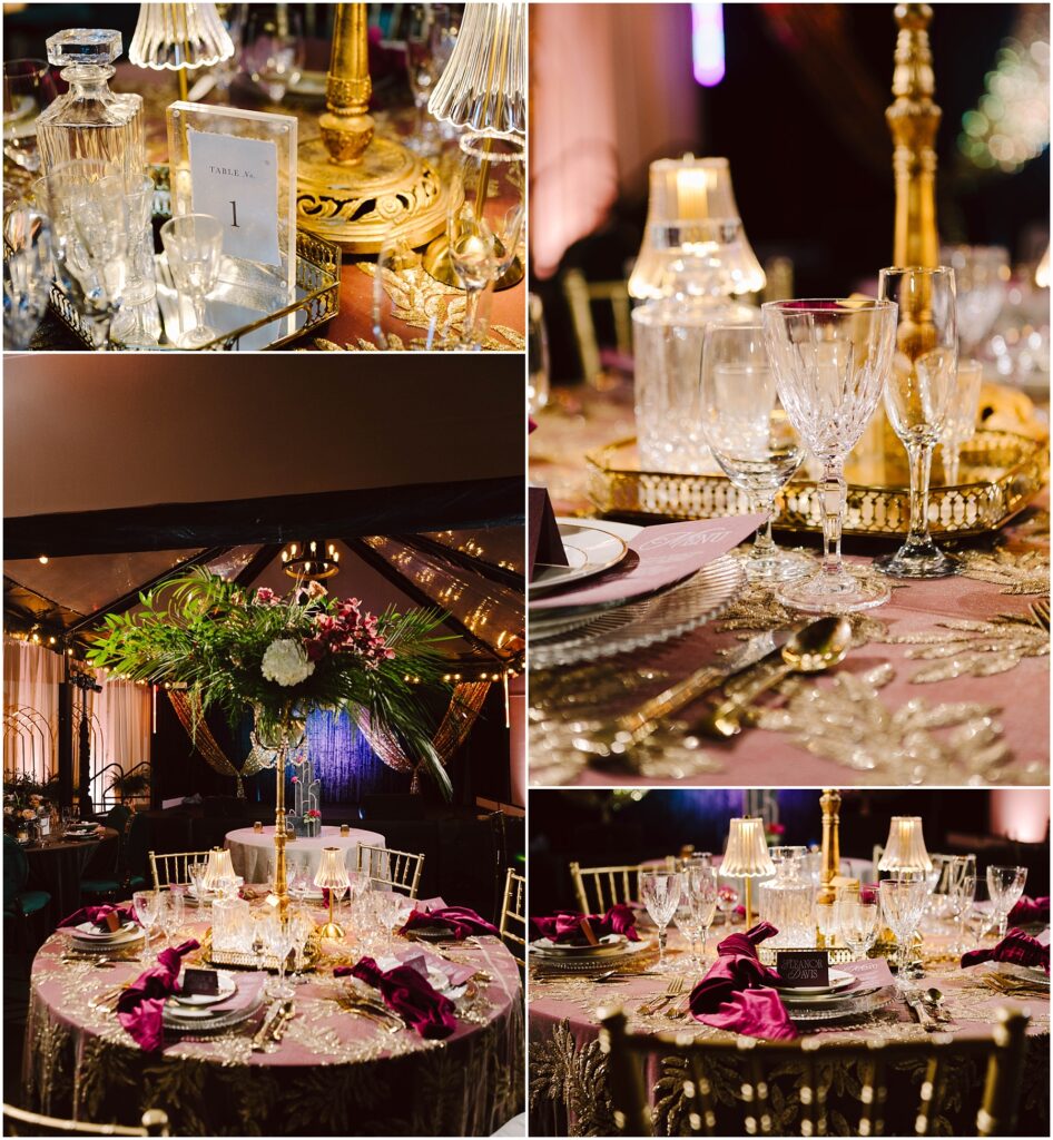 Snohomish Wedding Photographer GSquared Weddings Collage of elegant table settings at an event. Includes ornate glassware, gold accents, floral centerpieces, and purple napkins on tables. Warm lighting adds a luxurious ambiance. Serving Seattle, Snohomish and Washington State