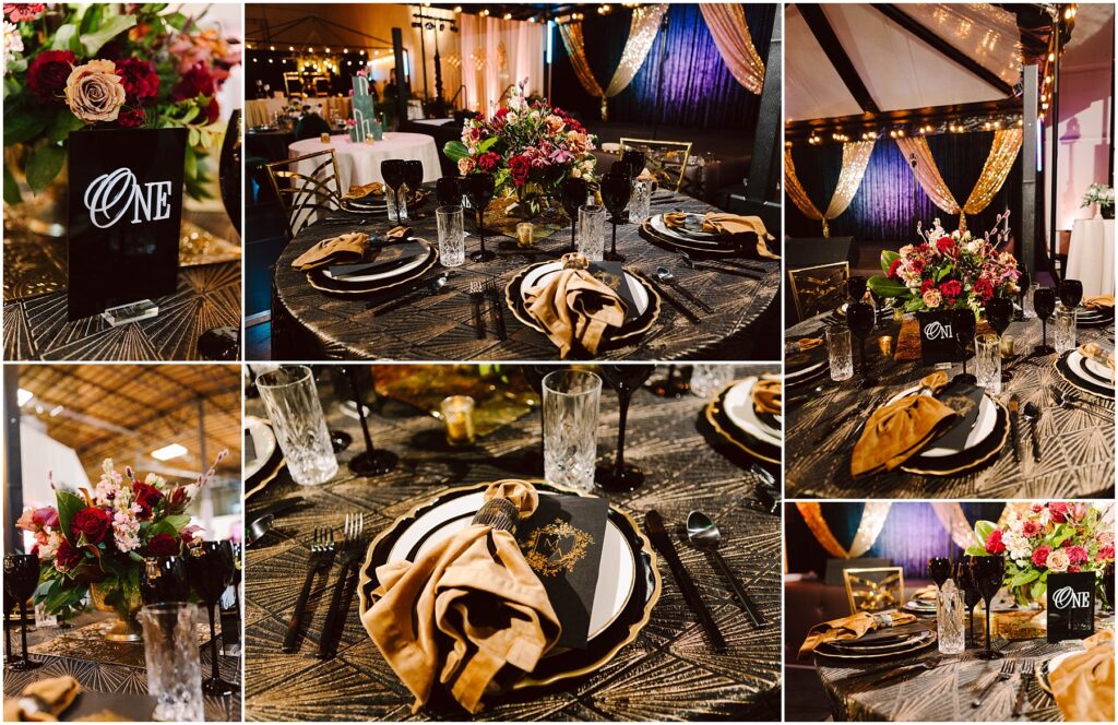 Snohomish Wedding Photographer GSquared Weddings Collage of event dining tables featuring elegant decor. Tables are set with black plates, gold napkins, and floral centerpieces in rich colors. Place cards with the word ONE and sparkling lights adorn the background, creating a luxurious atmosphere. Serving Seattle, Snohomish and Washington State