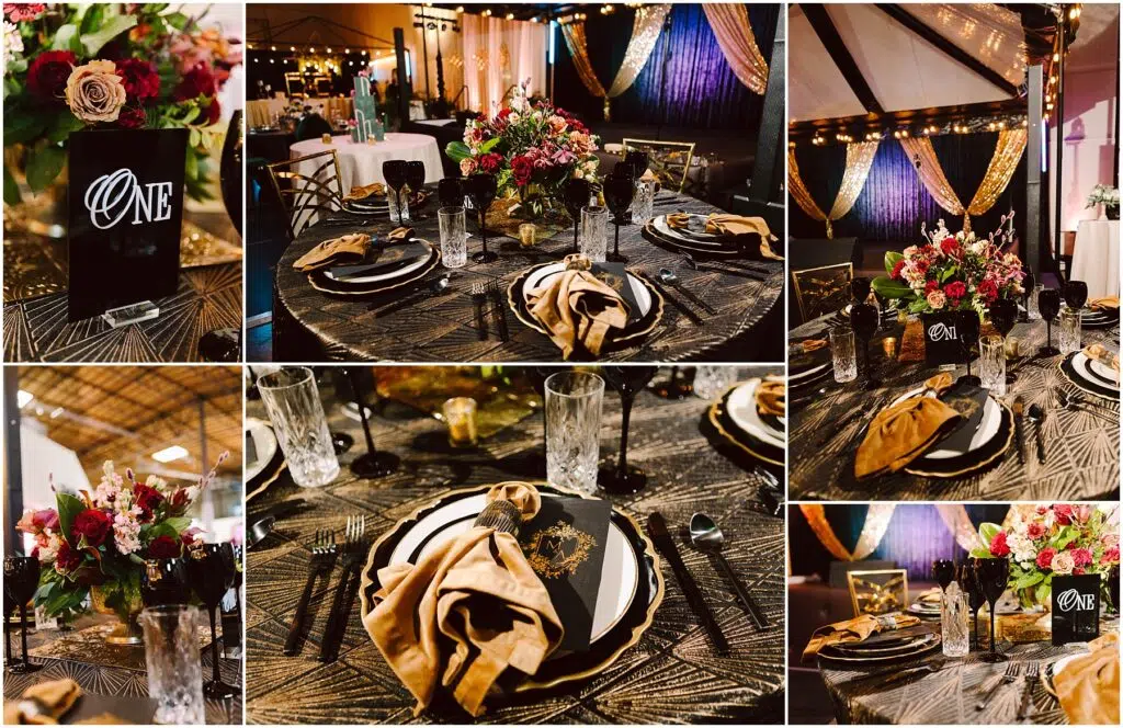 Snohomish Wedding Photographer GSquared Weddings Collage of event dining tables featuring elegant decor Tables are set with black plates gold napkins and floral centerpieces in rich colors Place cards with the word ONE and sparkling lights adorn the background creating a luxurious atmosphere Serving Seattle Snohomish and Washington State Snohomish Wedding Photographer GSquared Weddings Collage of event dining tables featuring elegant decor. Tables are set with black plates, gold napkins, and floral centerpieces in rich colors. Place cards with the word ONE and sparkling lights adorn the background, creating a luxurious atmosphere. Serving Seattle, Snohomish and Washington State