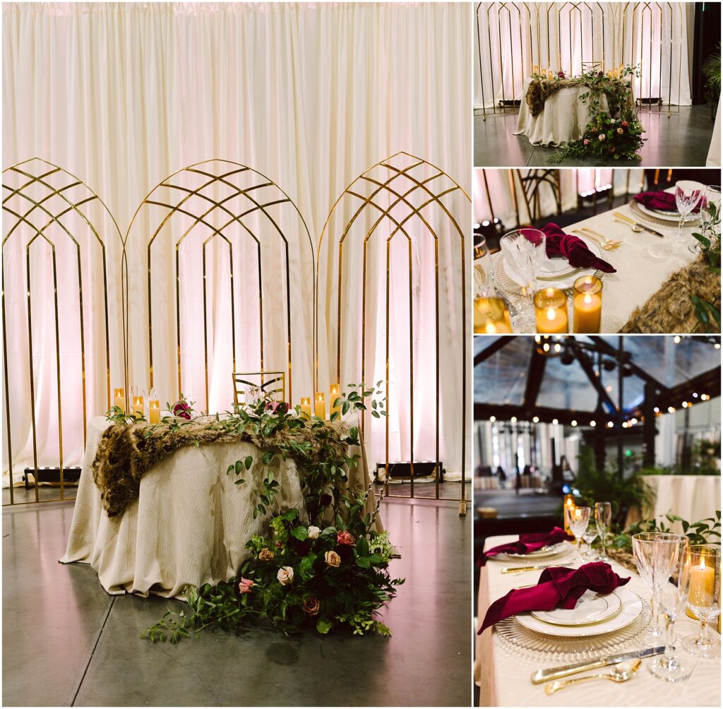 Snohomish Wedding Photographer GSquared Weddings A lavish wedding table setup with gold arches and white drapes as a backdrop. The table is adorned with candles, greenery, and pink flowers. A place setting includes elegant plates and glasses with burgundy napkins on top. Serving Seattle, Snohomish and Washington State