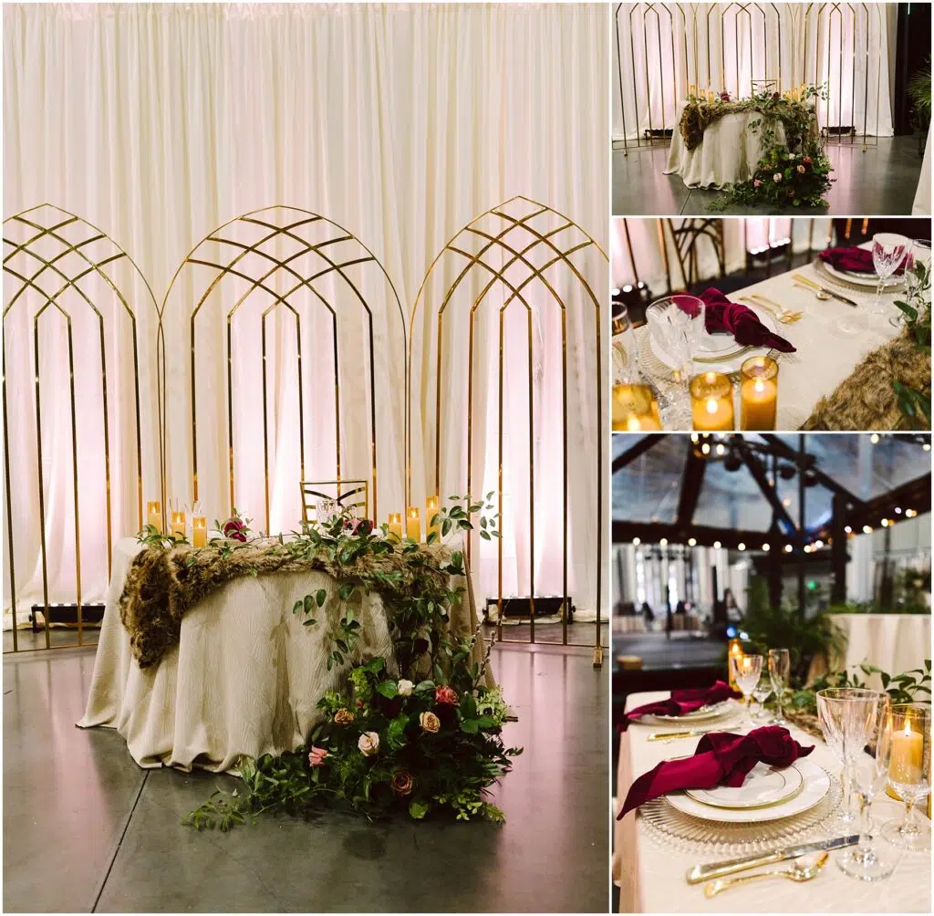 Snohomish Wedding Photographer GSquared Weddings A lavish wedding table setup with gold arches and white drapes as a backdrop The table is adorned with candles greenery and pink flowers A place setting includes elegant plates and glasses with burgundy napkins on top Serving Seattle Snohomish and Washington State Snohomish Wedding Photographer GSquared Weddings A lavish wedding table setup with gold arches and white drapes as a backdrop. The table is adorned with candles, greenery, and pink flowers. A place setting includes elegant plates and glasses with burgundy napkins on top. Serving Seattle, Snohomish and Washington State