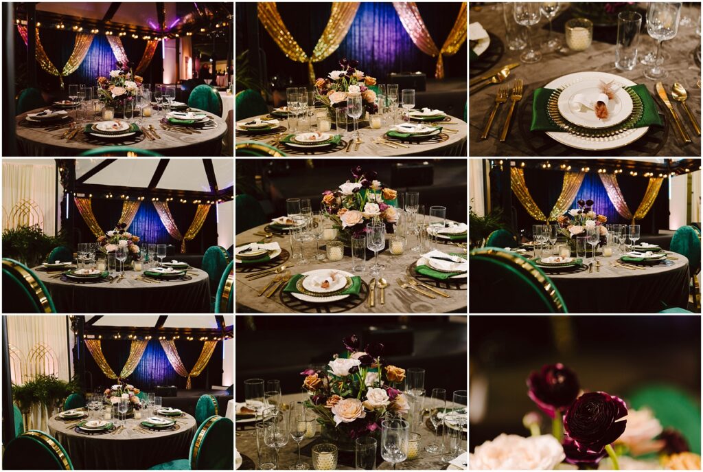 Snohomish Wedding Photographer GSquared Weddings Collage of elegant dining setups featuring tables with green velvet chairs, gold flatware, floral centerpieces, and draped gold and purple fabric in the background. Plates are arranged with intricate settings and decorative details. Serving Seattle, Snohomish and Washington State