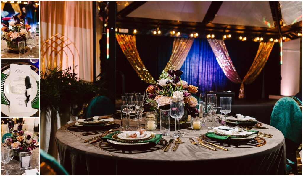 Snohomish Wedding Photographer GSquared Weddings Elegant wedding reception setup with a round table adorned with green and gold tableware, surrounded by teal chairs. A floral centerpiece and candles sit on the table. Background features draped gold and black curtains and dim lighting enhancing the atmosphere. Serving Seattle, Snohomish and Washington State