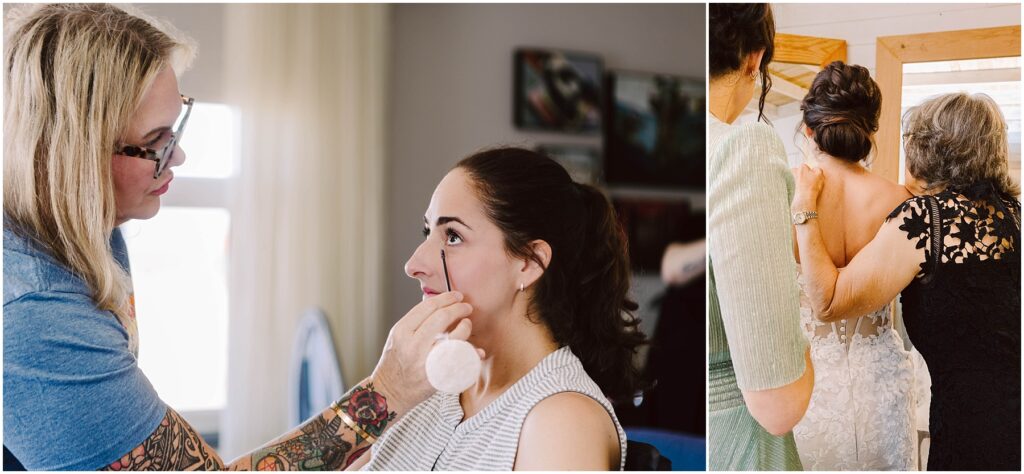 Snohomish Wedding Photographer GSquared Weddings A woman is applying makeup to a seated person on the left. On the right, two people are helping another woman in a wedding dress with the finishing touches, gently adjusting her dress. The backgrounds suggest a bright room with art on the walls. Serving Seattle, Snohomish and Washington State