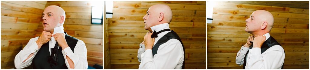 Snohomish Wedding Photographer GSquared Weddings A bald man wearing a white shirt and black vest adjusts his bow tie in front of a wooden wall. The image is a sequence of three panels showing him from different angles as he fixes his tie. Serving Seattle, Snohomish and Washington State