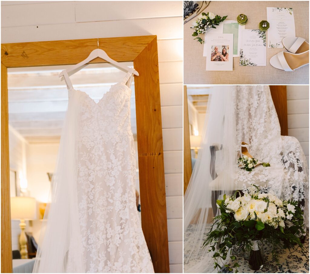 Snohomish Wedding Photographer GSquared Weddings A lace wedding dress hangs on a wooden mirror. Nearby, there are wedding invitations, an engagement photo, and a pair of beige shoes. A bouquet of white roses and greenery rests on a lace-upholstered chair. Serving Seattle, Snohomish and Washington State