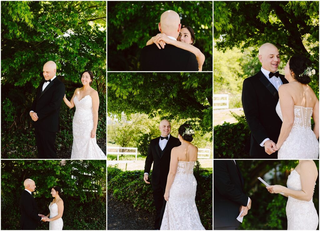 Snohomish Wedding Photographer GSquared Weddings A couple stands in a garden, exchanging vows. The bride wears a lace dress, and the groom is in a black tuxedo. They embrace and hold hands beneath leafy green trees, creating a romantic and intimate atmosphere. Serving Seattle, Snohomish and Washington State