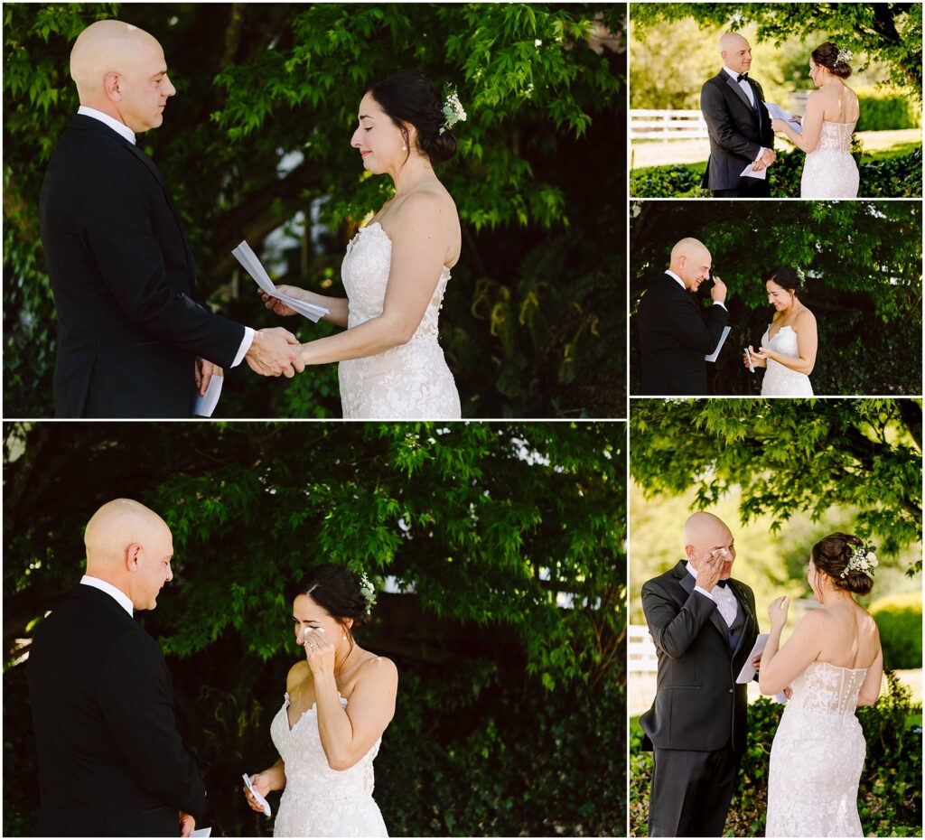 Snohomish Wedding Photographer GSquared Weddings A couple in wedding attire stands outside under trees, exchanging emotional vows. The bride reads with a smile and tears, while the groom looks touched, occasionally wiping his eyes. Both express a mix of joy and emotion. Serving Seattle, Snohomish and Washington State