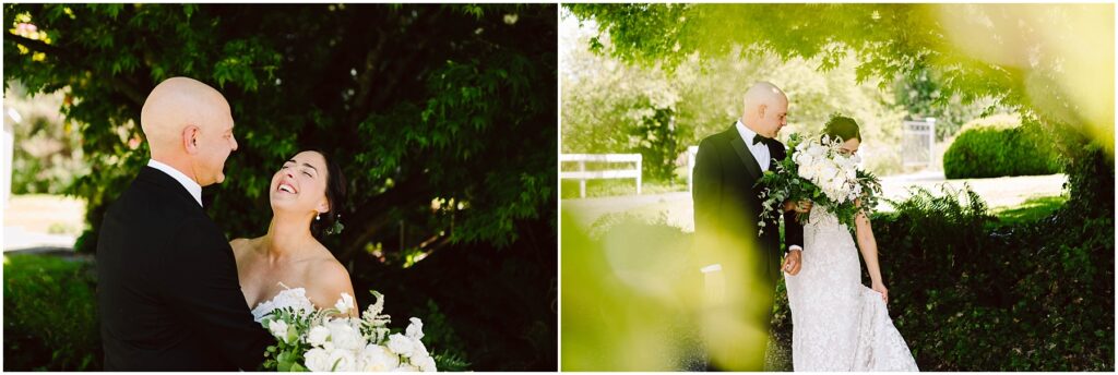 Snohomish Wedding Photographer GSquared Weddings A bride and groom in formal attire smile and pose outdoors with greenery in the background. The bride holds a bouquet of white flowers. The setting is lush and sunny, with the couple surrounded by trees. Serving Seattle, Snohomish and Washington State