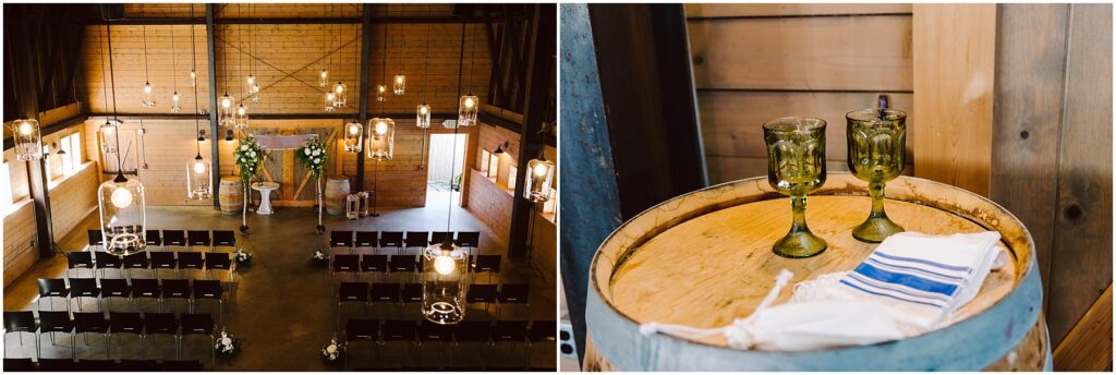 Snohomish Wedding Photographer GSquared Weddings Left: A rustic wedding venue with brown chairs, floral arrangements, and hanging lights. Right: Two green glasses and a folded white cloth with blue stripes on a wooden barrel. Serving Seattle, Snohomish and Washington State