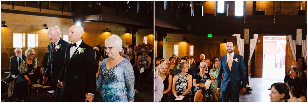 Snohomish Wedding Photographer GSquared Weddings On the left, a couple and an older man, all dressed formally, walk down the aisle of a rustic venue. On the right, a man in a blue suit smiles as he walks down the aisle. Guests are seated on either side in both images. Serving Seattle, Snohomish and Washington State