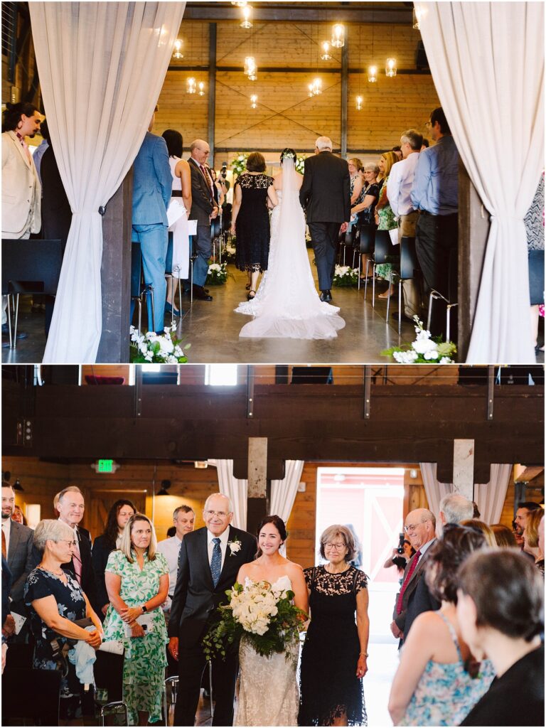 Snohomish Wedding Photographer GSquared Weddings Bride walking down the aisle in a rustic venue. She wears a lace gown and holds a bouquet. Guests stand on either side. The room is adorned with draped curtains and hanging lights. Another photo shows her with family, smiling. Serving Seattle, Snohomish and Washington State