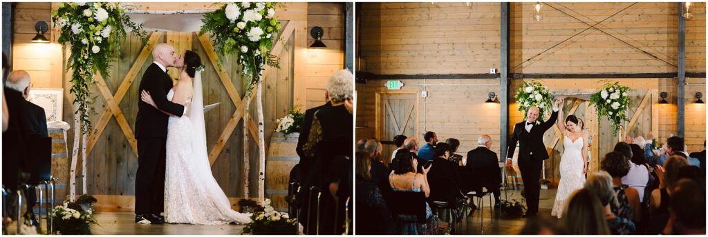 Snohomish Wedding Photographer GSquared Weddings A bride and groom kiss at the altar decorated with flowers in a rustic wooden venue. Guests are seated and watching. In the second image, the couple smiles and walks down the aisle, holding hands, as guests look on. Serving Seattle, Snohomish and Washington State