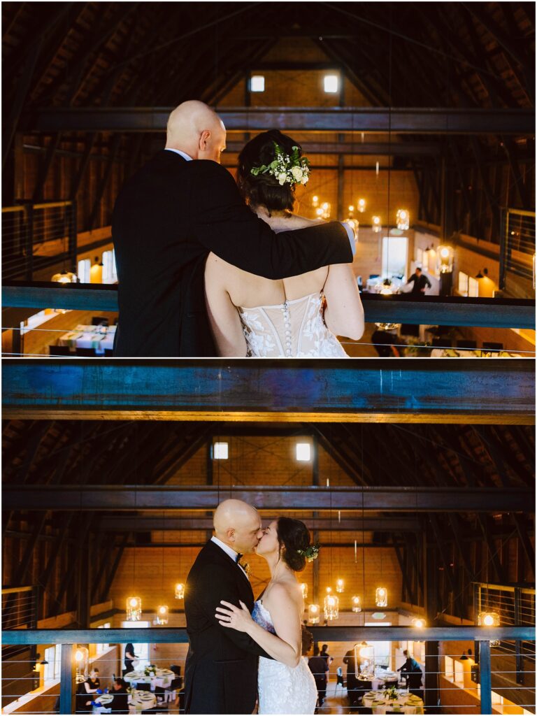 Snohomish Wedding Photographer GSquared Weddings A couple dressed in formal attire stands on a balcony. The first image shows them from behind, the man with his arm around the woman. The second image captures them facing each other, embracing, in a warmly lit venue. Serving Seattle, Snohomish and Washington State