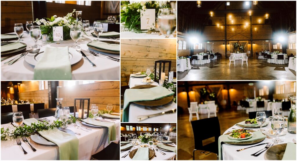 Snohomish Wedding Photographer GSquared Weddings Collage of a wedding reception with elegantly set tables. Each table features white tablecloths, sage green napkins, glassware, and floral centerpieces. The venue is warmly lit with rustic wooden walls and a spacious interior. Serving Seattle, Snohomish and Washington State