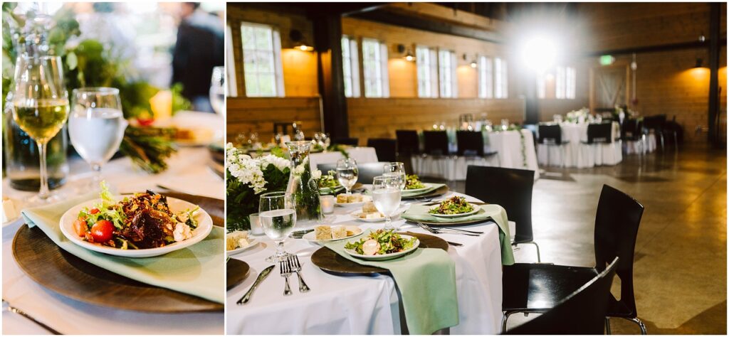 Snohomish Wedding Photographer GSquared Weddings Elegant wedding reception with tables set in a warm, softly lit venue. Close-up shows a plate of gourmet salad alongside water and wine glasses. The larger view reveals more tables adorned with white cloths, green accents, and floral centerpieces. Serving Seattle, Snohomish and Washington State