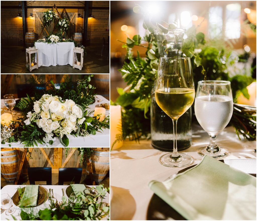 Snohomish Wedding Photographer GSquared Weddings Collage of a rustic wedding reception setup: a sweetheart table with floral arrangements, two wine glasses beside a water glass, a detailed bouquet of white roses, and place settings with greenery on a wooden table backdrop. Serving Seattle, Snohomish and Washington State