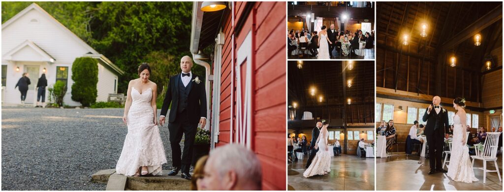 Snohomish Wedding Photographer GSquared Weddings A bride and groom walk hand in hand outside a rustic building. Inside, they share their first dance in a warmly lit hall, surrounded by guests seated at tables. The decor features wooden accents and glowing hanging lights. Serving Seattle, Snohomish and Washington State