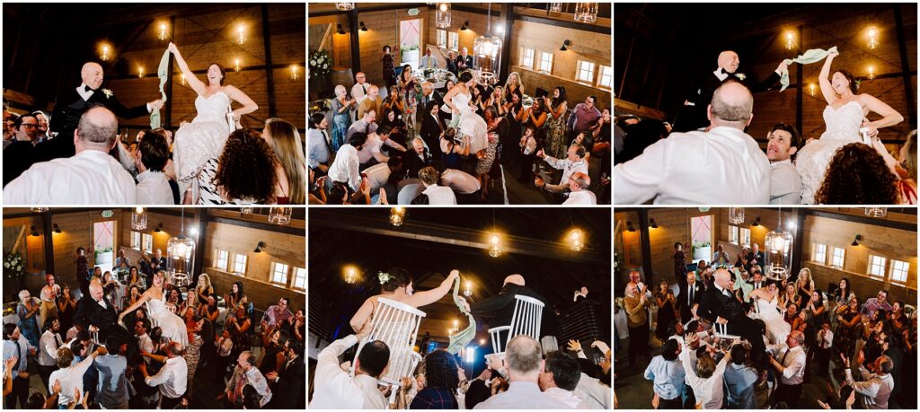 Snohomish Wedding Photographer GSquared Weddings A wedding celebration showing a sequence of six images: a couple being lifted on chairs by guests in a lively, rustic venue with wooden walls. The crowd is cheering and dancing, capturing the joyful and energetic atmosphere of the occasion. Serving Seattle, Snohomish and Washington State