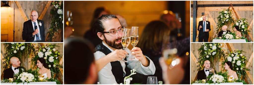 Snohomish Wedding Photographer GSquared Weddings A collage of wedding reception moments: a man gives a speech, a couple sits at a table with flowers, a man raises a glass in a toast, and a couple listens intently. The setting is warmly lit, with wooden decor and white flowers. Serving Seattle, Snohomish and Washington State