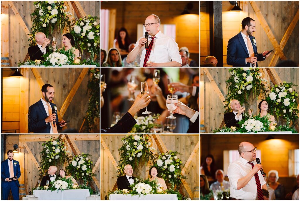 Snohomish Wedding Photographer GSquared Weddings A collage of wedding reception photos features people giving speeches, toasting, and a couple sitting at a table with floral decorations. The wood-paneled venue is warmly lit, and guests are visible in some background shots. Serving Seattle, Snohomish and Washington State