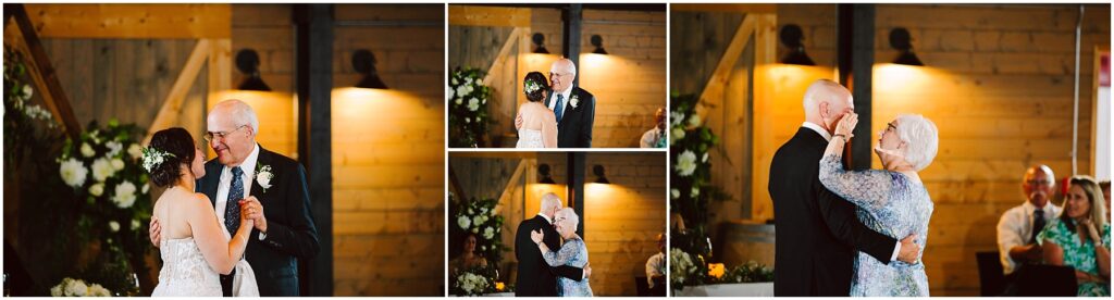 Snohomish Wedding Photographer GSquared Weddings Series of wedding photos capturing a bride dancing with an elderly man in a suit, and a groom dancing with an elderly woman in a floral dress. The setting is a warmly lit venue with wooden walls and floral decorations. Serving Seattle, Snohomish and Washington State