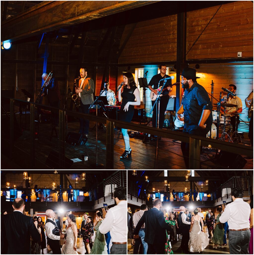 Snohomish Wedding Photographer GSquared Weddings A band performs on a wooden stage in a dimly lit venue. Below, two images show people dancing energetically on a dance floor. The setting is warm with bright lighting illuminating the dancers. Serving Seattle, Snohomish and Washington State