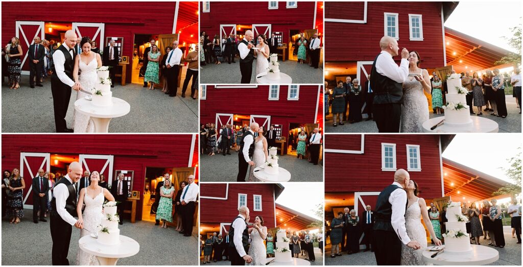 Snohomish Wedding Photographer GSquared Weddings A bride and groom cut and taste a wedding cake in front of guests outside a red barn. They smile and interact with each other during the cake-cutting ceremony. Serving Seattle, Snohomish and Washington State