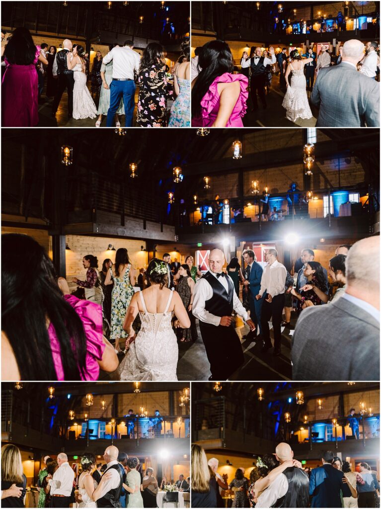 Snohomish Wedding Photographer GSquared Weddings A lively wedding reception with guests dancing energetically on the dance floor. The venue is warmly lit, with hanging lights and a visible wooden mezzanine. People are dressed in formal attire, and the atmosphere is joyful and festive. Serving Seattle, Snohomish and Washington State