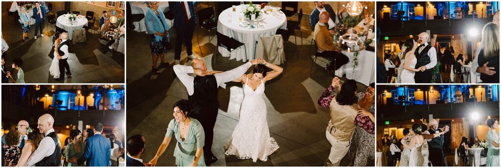 Snohomish Wedding Photographer GSquared Weddings A collage of wedding reception photos features a couple dancing. The bride in a white dress and guests enjoy the celebration, surrounded by tables with floral centerpieces. The venue is warmly lit with people smiling and dancing around them. Serving Seattle, Snohomish and Washington State