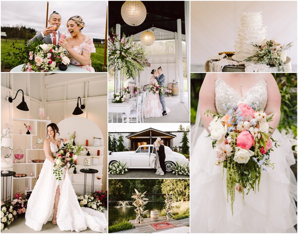 Snohomish Wedding Photographer GSquared Weddings Collage of wedding scenes A couple cutting cake a bride with bouquet floral decorations vintage car and tiered cake Wedding venue features elegant decor with pink and white flowers chandeliers and a picturesque outdoor setting Serving Seattle Snohomish and Washington State Snohomish Wedding Photographer GSquared Weddings Collage of wedding scenes: A couple cutting cake, a bride with bouquet, floral decorations, vintage car, and tiered cake. Wedding venue features elegant decor with pink and white flowers, chandeliers, and a picturesque outdoor setting. Serving Seattle, Snohomish and Washington State